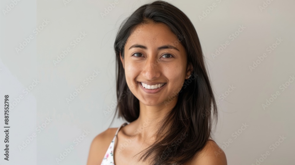 Portrait of a smiling woman with long dark hair in casual attire. Bright and natural light. Suitable for lifestyle and personal blogs. Ideal for professional and personal use. AI Portrait of a smiling woman with long dark hair in casual attire. Bright and natural light. Suitable for lifestyle and personal blogs. Ideal for professional and personal use. AI