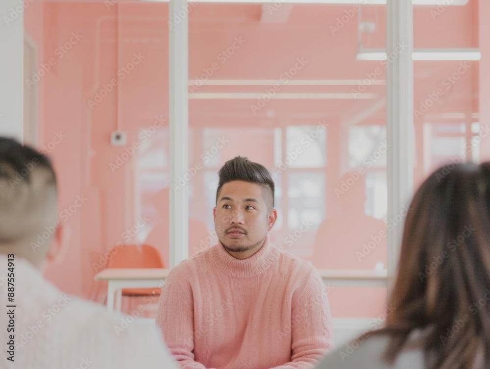 Fototapeta premium East Asian Man Leading Diverse Team in Strategy Meeting at Bright Modern Office