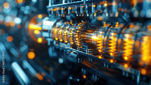 Detailed close-up of a running car engine with oil circulating through the system, highlighting the mechanical precision and engineering, rendered in a film-like texture