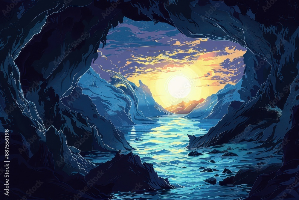 Cave entrance view of a beautiful mountain lake and sunset Cave entrance view of a beautiful mountain lake and sunset