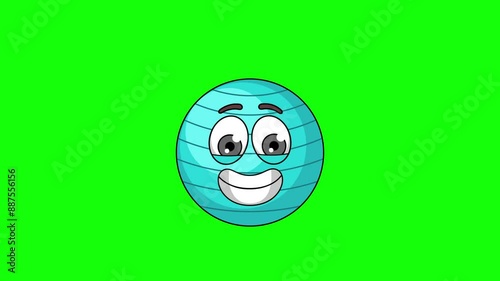 The grimacing face of exercise ball mascot, nervousness, embarrassment, or awkwardness