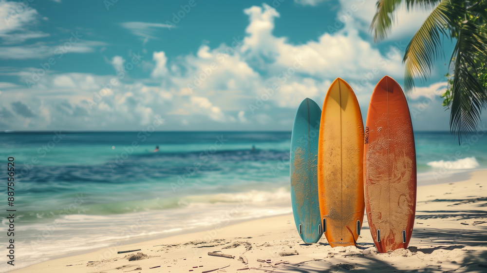 Colorful surfboards standing on a beautiful beach in summer time. Surfboards stand in a row against the waves and blue sky, concept of leisure, sports lifestyle, escape from the city bustle. Beautiful Colorful surfboards standing on a beautiful beach in summer time. Surfboards stand in a row against the waves and blue sky, concept of leisure, sports lifestyle, escape from the city bustle. Beautiful