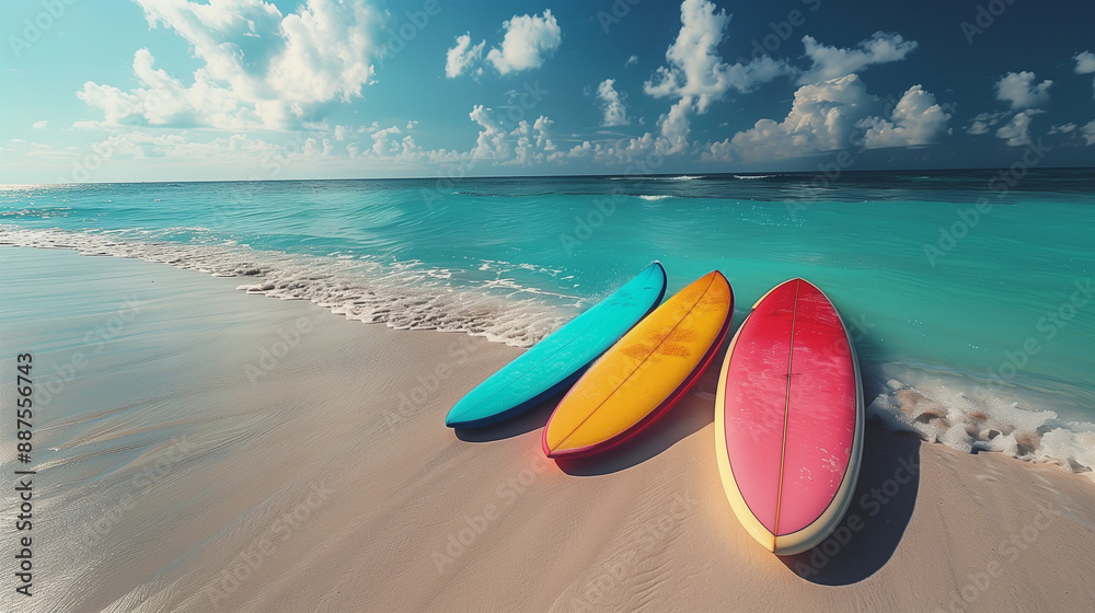 Colorful surfboards standing on a beautiful beach in summer time. Surfboards stand in a row against the waves and blue sky, concept of leisure, sports lifestyle, escape from the city bustle. Beautiful Colorful surfboards standing on a beautiful beach in summer time. Surfboards stand in a row against the waves and blue sky, concept of leisure, sports lifestyle, escape from the city bustle. Beautiful