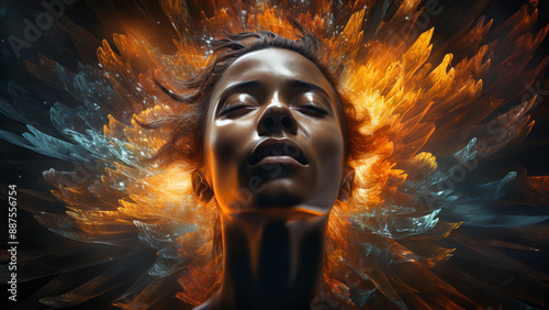 Portrait Art of an African American Woman With Her Eyes Shut Surrounded by a Fiery Aura