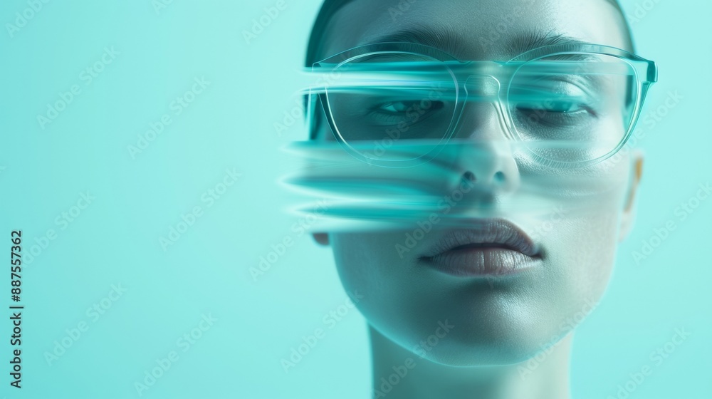 Young Caucasian Woman Engaged with High-Tech Glassmorphism Interfaces in a Serene Blue-Toned Setting Young Caucasian Woman Engaged with High-Tech Glassmorphism Interfaces in a Serene Blue-Toned Setting