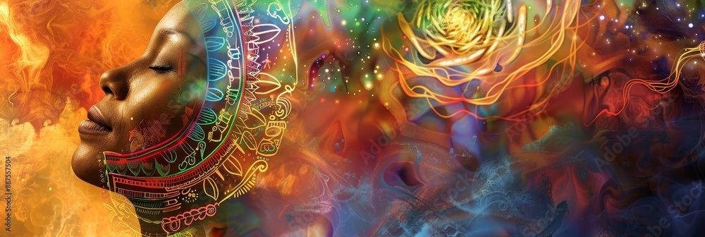 Mystical Portrait of a Woman - A digital portrait of a woman with closed eyes, adorned with intricate abstract patterns and vibrant colors, evoking a sense of spirituality and inner peace. Mystical Portrait of a Woman - A digital portrait of a woman with closed eyes, adorned with intricate abstract patterns and vibrant colors, evoking a sense of spirituality and inner peace.