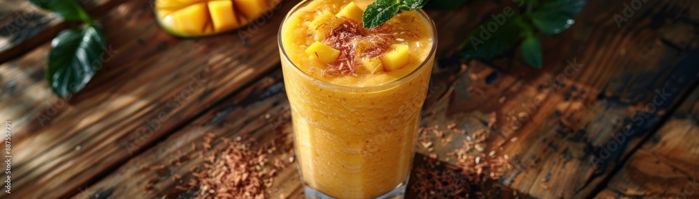 Delicious mango smoothie in a glass with mint garnish, placed on a rustic wooden table with fresh mango slices in the background. Delicious mango smoothie in a glass with mint garnish, placed on a rustic wooden table with fresh mango slices in the background.