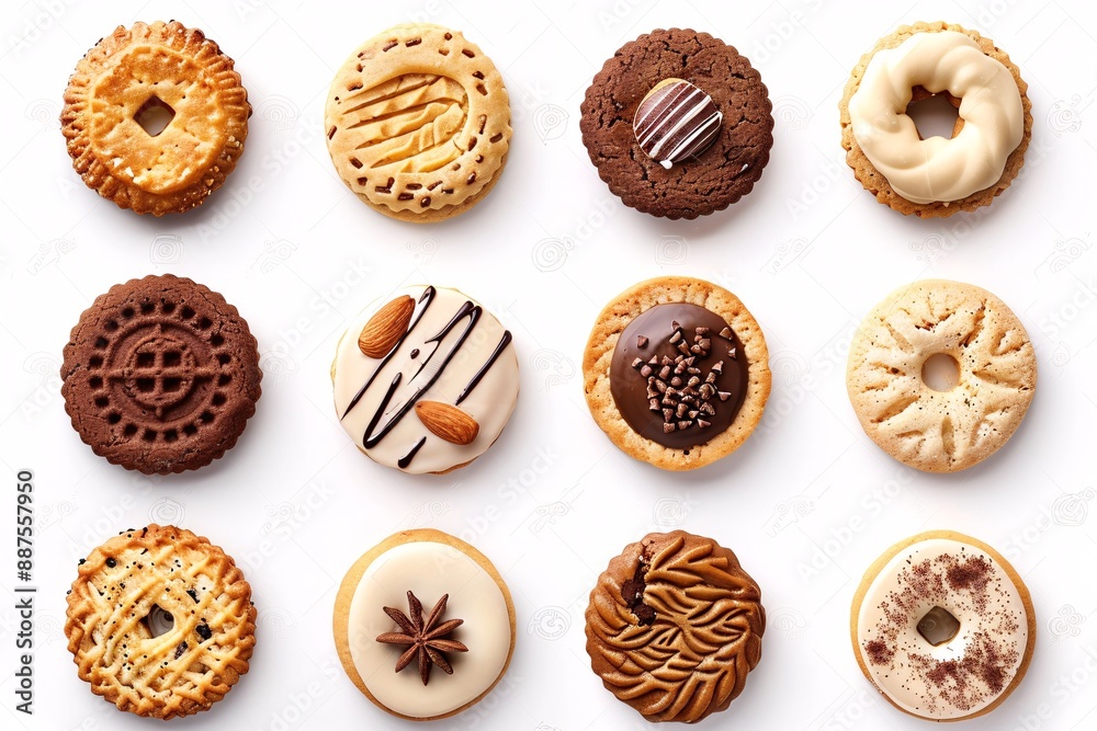 Assortment of circular cookie treats, traditional and nut variety, isolated on white background. Various unique patterns. Template for creating artwork. Assortment of circular cookie treats, traditional and nut variety, isolated on white background. Various unique patterns. Template for creating artwork.