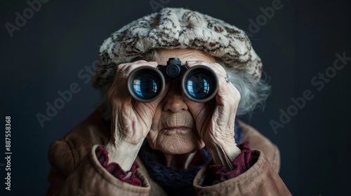 Curious old woman looking with binoculars