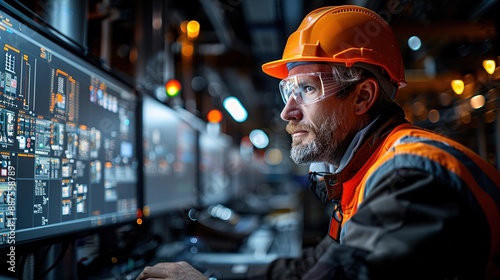 A man in an orange safety vest is looking at a computer monitor