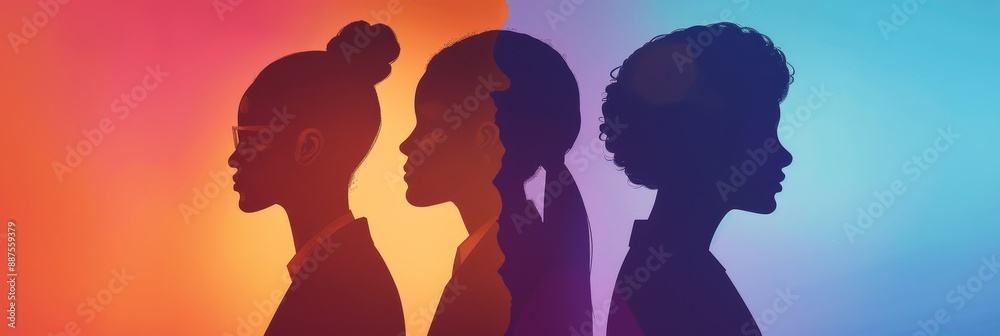 Three Silhouettes of Women Against a Colorful Background - Three women, in silhouette, stand side by side, facing the right of the frame, against a colorful background. Each woman has a unique hairsty Three Silhouettes of Women Against a Colorful Background - Three women, in silhouette, stand side by side, facing the right of the frame, against a colorful background. Each woman has a unique hairsty