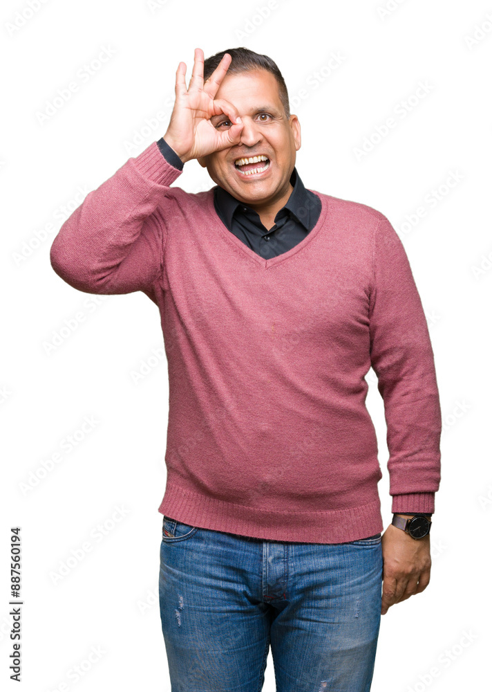 Middle age arab man over isolated background doing ok gesture with hand smiling, eye looking through fingers with happy face. Middle age arab man over isolated background doing ok gesture with hand smiling, eye looking through fingers with happy face.