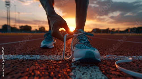 1. A determined athlete tying their running shoes on a track with the sunrise in the background
