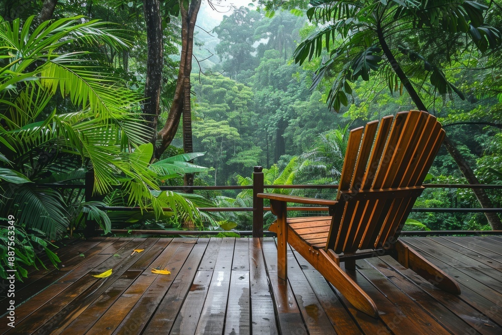 Serene Rainforest Porch with Wooden Chair Serene Rainforest Porch with Wooden Chair