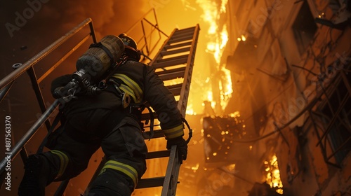 20. A fireman climbing up a ladder to rescue someone from a burning building