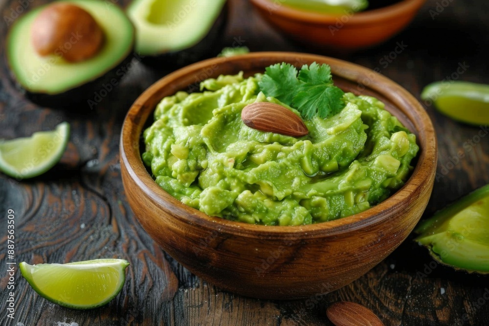 Guacamole in Wooden Bowl on Rustic Table