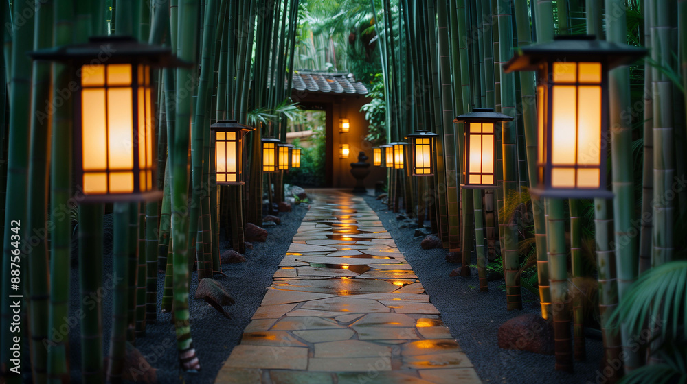 Fototapeta premium Stone path cuts through an area lined with graceful bamboo