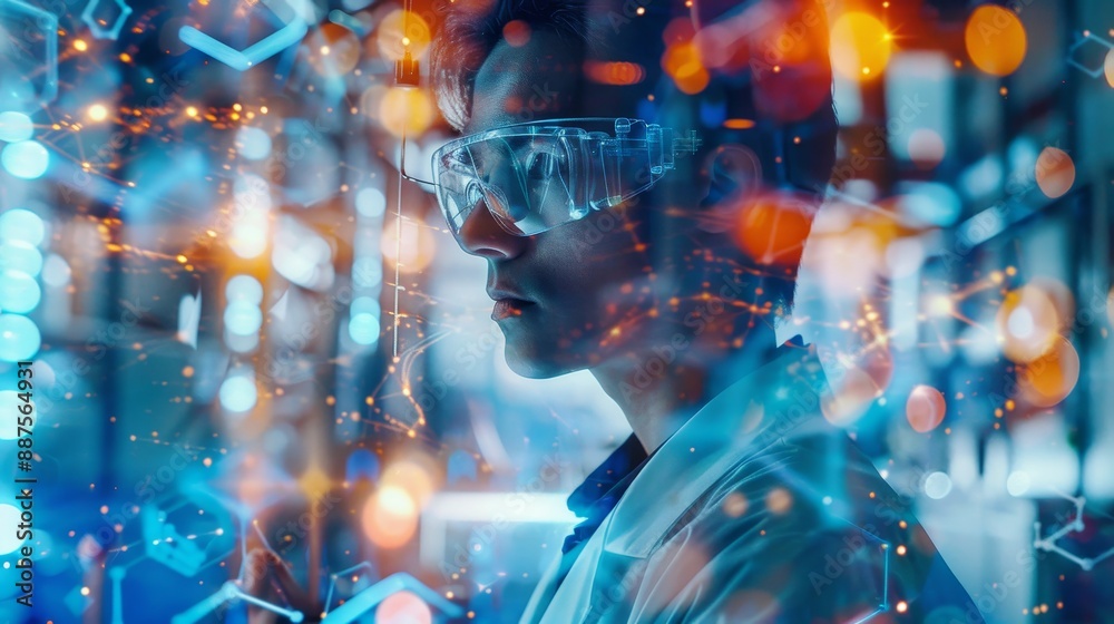 A Scientist Gazing Into The Future of Technology - A scientist in a lab coat and safety glasses looking at a glowing screen, representing the power of technology and innovation. A Scientist Gazing Into The Future of Technology - A scientist in a lab coat and safety glasses looking at a glowing screen, representing the power of technology and innovation.