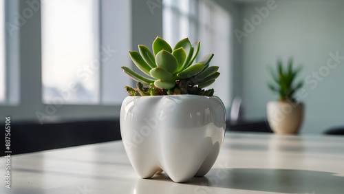 Ceramic white pot in the form of a tooth with a haworth photo