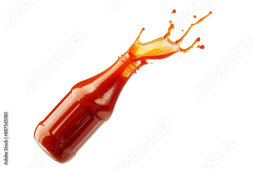 Splashing of Ketchup sauce from glass bottle isolated on background, delicious dipping tomato sauce for fried food.