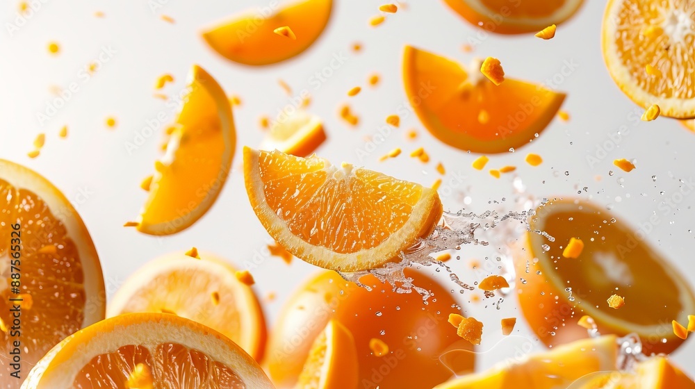 Fresh oranges falling in water splash, isolated on white background,Round slices and pieces fruits fly and levitation,Summer fresh citrus fruits as design element for advertising,poster,Flat lay.