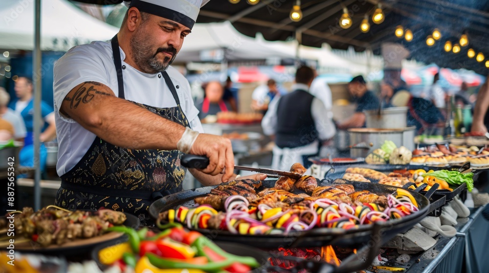 73. A chef grilling food at an outdoor festival 73. A chef grilling food at an outdoor festival