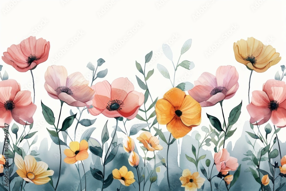 Naklejka premium Watercolor Floral Garden Border