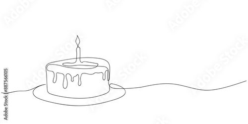 Continuous one line drawing of birthday cake with candles. Symbol of sweet celebration torte and pastry confectionery icon concept in simple linear style. Vector illustration in flat style