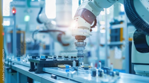 Close-up of a robotic arm in a factory setting, with a blurred background.