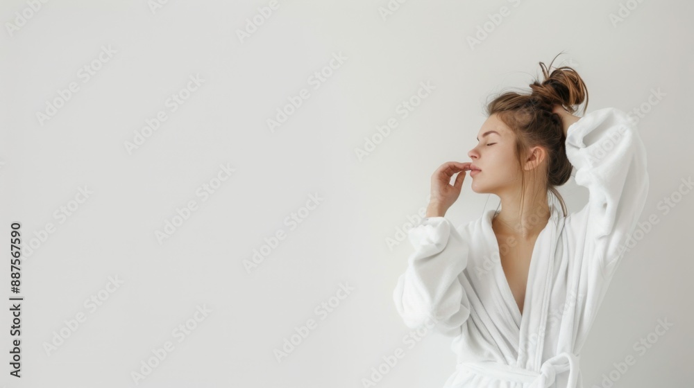 Woman in white bathrobe over white background Woman in white bathrobe over white background