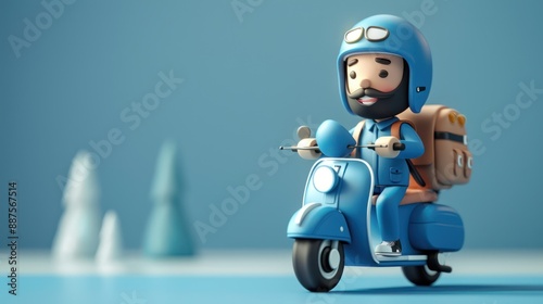 3D character design of delivery rider on scooter in a blue uniform