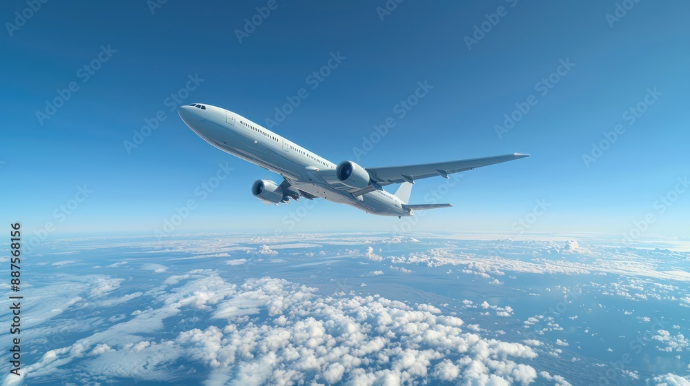 The airplane taking off into a clear blue sky. The view is from the ground, showing the plane ascending The airplane taking off into a clear blue sky. The view is from the ground, showing the plane ascending