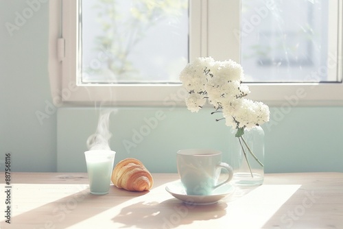 Morning Serenity Sunlit Breakfast with Coffee, Croissant, and Fresh Flowers on a Rustic Table © Ryzhkov