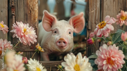 A cute little pig peeks out from behind the wooden door, surrounded by blooming flowers