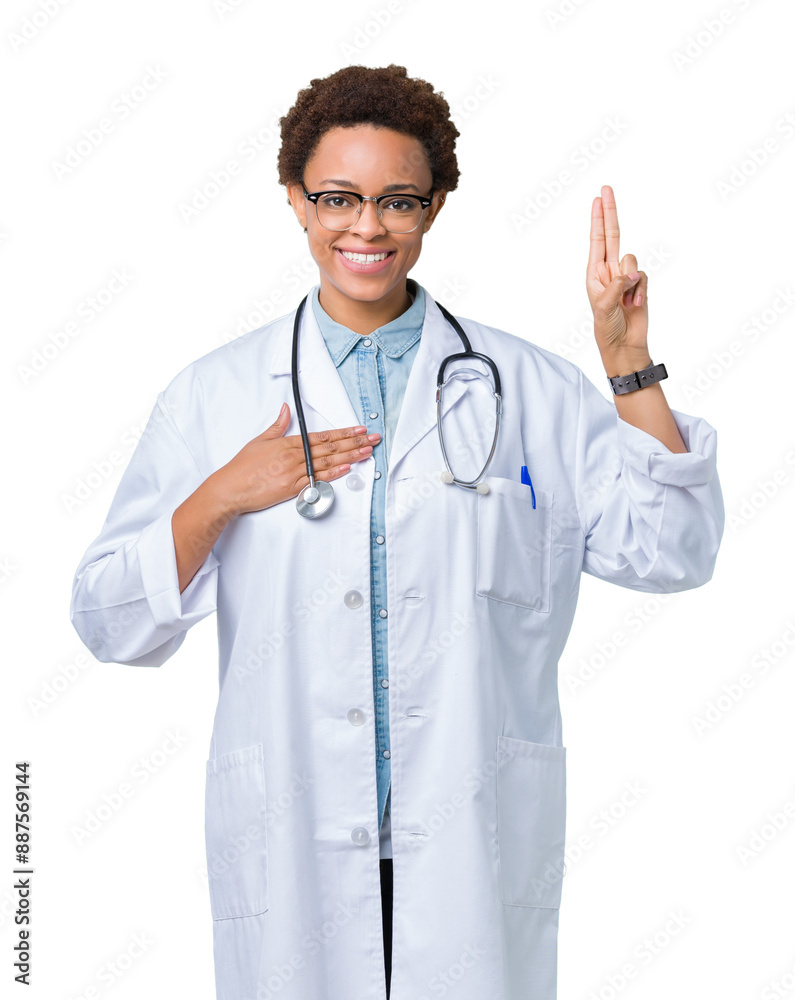Young african american doctor woman wearing medical coat over isolated background Swearing with hand on chest and fingers, making a loyalty promise oath Young african american doctor woman wearing medical coat over isolated background Swearing with hand on chest and fingers, making a loyalty promise oath