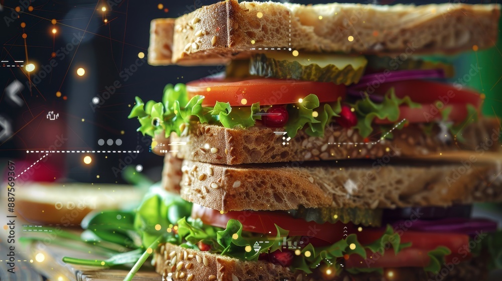 Delicious and healthy sandwich - A close up of a big sandwich with fresh tomato, lettuce, cucumber and other fresh vegetables Delicious and healthy sandwich - A close up of a big sandwich with fresh tomato, lettuce, cucumber and other fresh vegetables