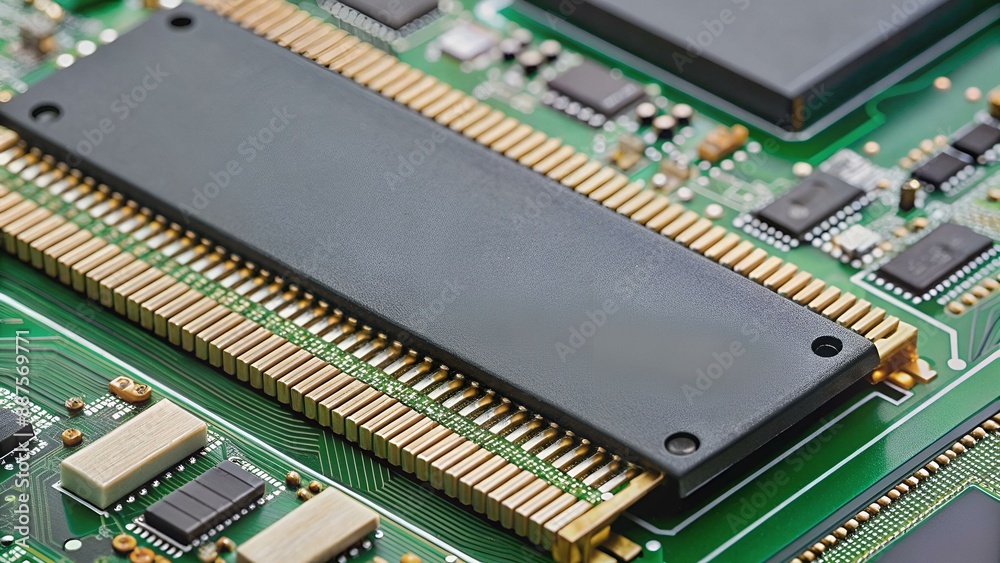 The MSATA nvme M2 connector for connecting fast modern SSD data drives to the computer's motherboard, close-up. The MSATA nvme M2 connector for connecting fast modern SSD data drives to the computer's motherboard, close-up.