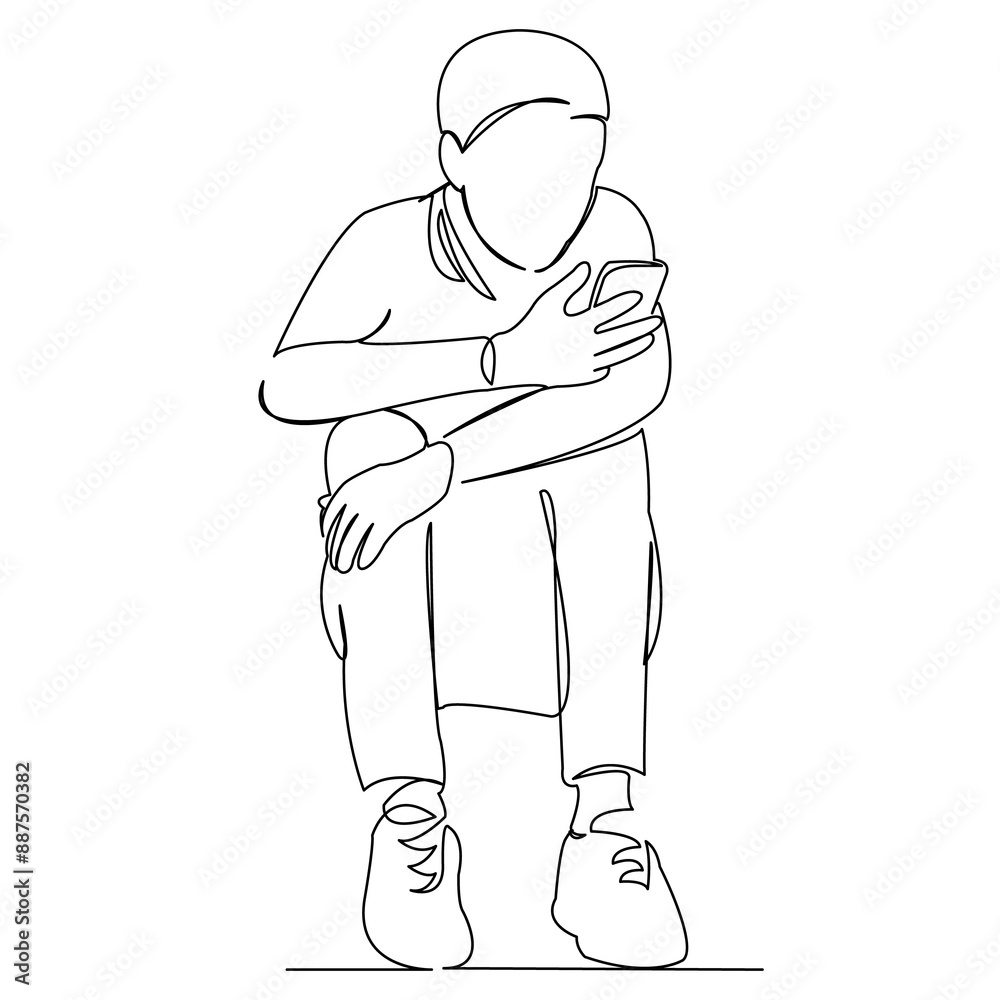 Obraz premium continuous single drawn one line boy with phone hand-drawn picture silhouette. Line art. doodle