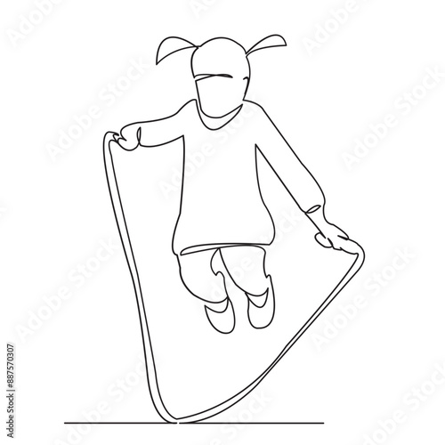 continuous single drawn one line of a girl jumping over skipping rope, skipping rope, sport hand-drawn picture silhouette. Line art.Doodle