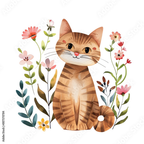 Cute illustration of a brown striped cat surrounded by colorful flowers, perfect for spring-themed designs and cat lovers. photo