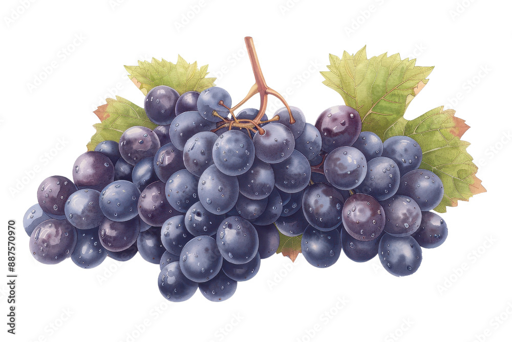 Fototapeta premium Fresh bunch of purple grapes with green leaves, isolated on a white background, perfect for food and beverage concepts.