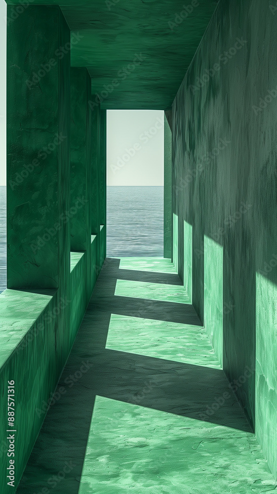 Green corridor with ocean view and sunlight shadows Green corridor with ocean view and sunlight shadows