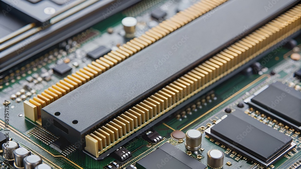 The MSATA nvme M2 connector for connecting fast modern SSD data drives to the computer's motherboard, close-up. The MSATA nvme M2 connector for connecting fast modern SSD data drives to the computer's motherboard, close-up.