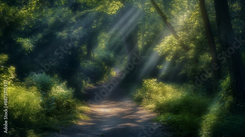 Sun rays filtering through the trees on a forest path © DenisNata
