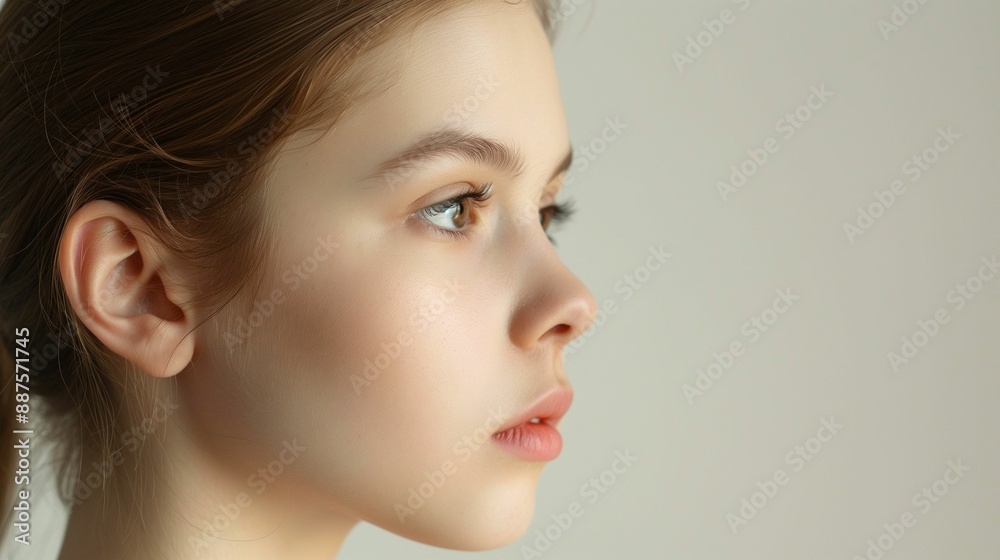 Young girl with clear skin in profile, set against a light background. Young girl with clear skin in profile, set against a light background.