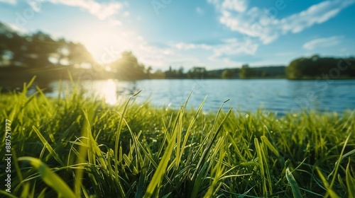 Close-up of green grass by a lake with sunlight and blue sky in the background.