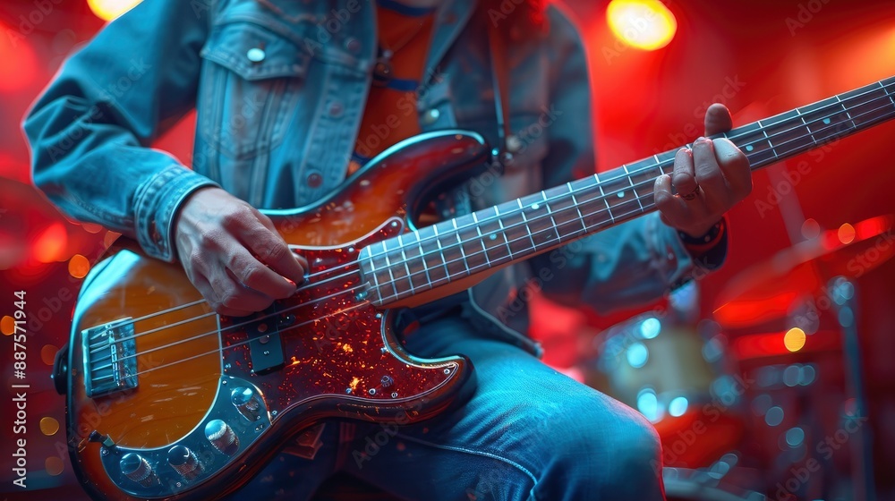Obraz premium Bass Player In A Concert, Rhythmic And Focused, High Quality Background