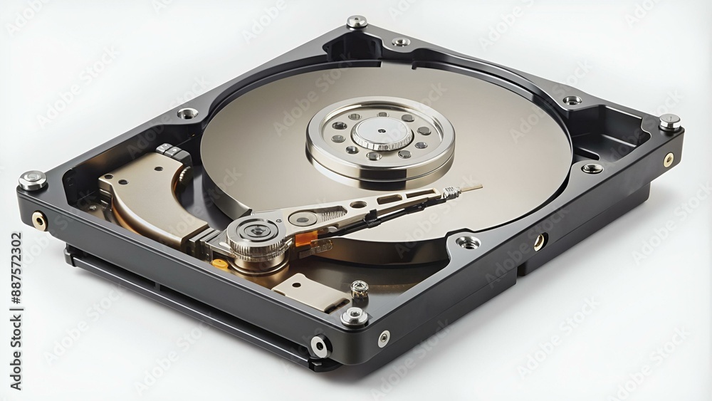 Hard drive isolated on white background. HDD. Major components of a 3.5-inch SATA hard disk drive: platter, spindle, actuator, actuator arm. Disk head above the plates Hard drive isolated on white background. HDD. Major components of a 3.5-inch SATA hard disk drive: platter, spindle, actuator, actuator arm. Disk head above the plates