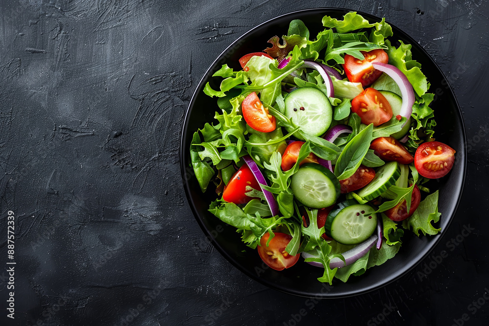 A black bowl filled with a salad of lettuce, tomatoes, and cucumbers A black bowl filled with a salad of lettuce, tomatoes, and cucumbers