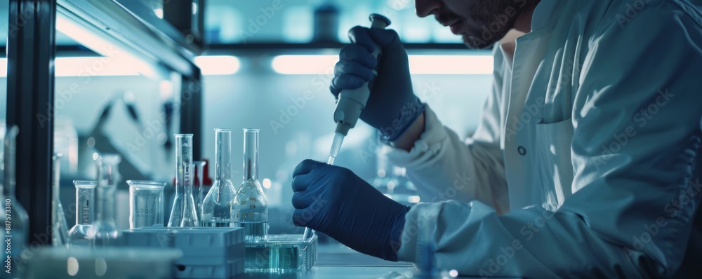 A detailed view captures a scientist carefully using a pipette to transfer precise amounts of liquids A detailed view captures a scientist carefully using a pipette to transfer precise amounts of liquids
